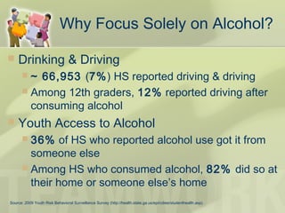 Why Focus Solely on Alcohol?
 Drinking & Driving
 ~ 66,953 (7%) HS reported driving & driving
 Among 12th graders, 12% reported driving after
consuming alcohol
 Youth Access to Alcohol
 36% of HS who reported alcohol use got it from
someone else
 Among HS who consumed alcohol, 82% did so at
their home or someone else’s home
Source: 2009 Youth Risk Behavioral Surveillance Survey (http://health.state.ga.us/epi/cdiee/studenthealth.asp).
 