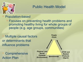Public Health Model
 Population-based
 Focuses on preventing health problems and
promoting healthy living for whole groups of
people (e.g. age groups, communities)
 Multiple causal factors
or determinants that
influence problems
 Comprehensive
Action Plan
People
(Host)
Physical and
Social
Contexts
(Environment)
ATOD and
Related
Products
(Agent)
 