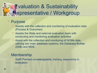 Evaluation & Sustainability
Representative / Workgroup
 Purpose
 Assists with the collection and monitoring of evaluation data
(Process & Outcomes)
 Assists the State and external evaluation team with
conducting and monitoring evaluation activities
 Assist with the collection and monitoring of NOMs data
utilizing two main database systems, the Database Builder
(DbB) and MDS.
 Membership
 Staff/ Partners knowledgeable, training, experience in
evaluation
36
 