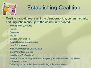 Establishing Coalition
 Coalition should represent the demographics, cultural, ethnic,
and linguistic make-up of the community served.
 Youth (18 or younger)
 Parent
 Business
 Media
 School/ Universities
 Youth Serving Organization
 Law Enforcement
 Religious/Fraternal Organization
 Civic/Volunteer Groups
 Healthcare Professional
 State, local, or tribal governmental agency with expertise in the field of
substance abuse
 Other organization involved in reducing substance abuse
 