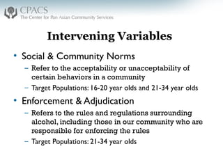 Intervening Variables
• Social & Community Norms
– Refer to the acceptability or unacceptability of
certain behaviors in a community
– Target Populations: 16-20 year olds and 21-34 year olds
• Enforcement & Adjudication
– Refers to the rules and regulations surrounding
alcohol, including those in our community who are
responsible for enforcing the rules
– Target Populations: 21-34 year olds
 