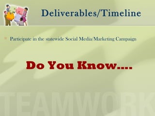 Deliverables/Timeline
 Participate in the statewide Social Media/Marketing Campaign
Do You Know….
 