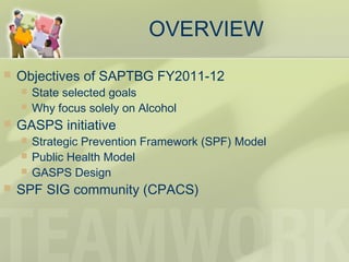 OVERVIEW
 Objectives of SAPTBG FY2011-12
 State selected goals
 Why focus solely on Alcohol
 GASPS initiative
 Strategic Prevention Framework (SPF) Model
 Public Health Model
 GASPS Design
 SPF SIG community (CPACS)
 