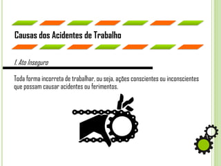 Causas dos Acidentes de Trabalho
1. Ato Inseguro
Toda forma incorreta de trabalhar, ou seja, ações conscientes ou inconscientes
que possam causar acidentes ou ferimentos.
 