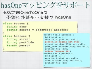 class Person {
  String name
  static hasOne = [address: Address]
}
                      create table address (
class Address {        id bigint ... ,
  String street        version bigint not null,
  String postCode      person_id bigint not null,
                       street varchar(255) not null,
  Person person        post_code varchar(255) not null,
}                      primary key (id),
                           unique (person_id))
                         create table person (
                           id bigint ... ,
                           version bigint not null,
                           name varchar(255) not null,
                           primary key (id)
                         )
 