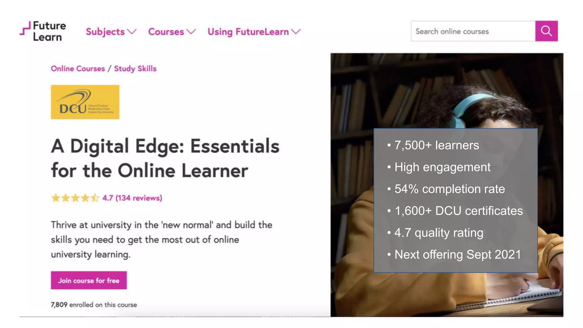 • 7,500+ learners
• High engagement
• 54% completion rate
• 1,600+ DCU certificates
• 4.7 quality rating
• Next offering Sept 2021