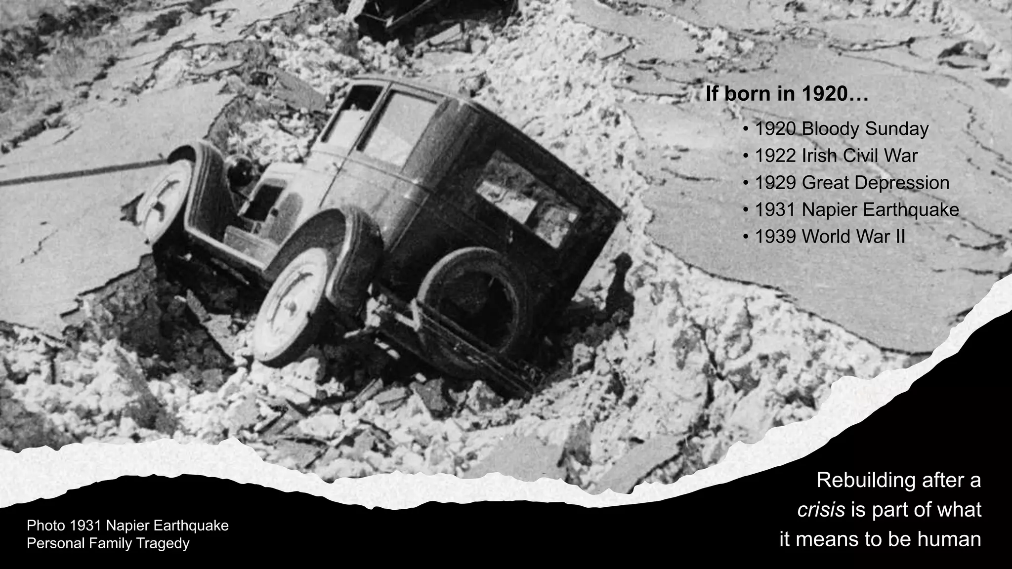 Photo 1931 Napier Earthquake
Personal Family Tragedy
Rebuilding after a
crisis is part of what
it means to be human
• 1920 Bloody Sunday
• 1922 Irish Civil War
• 1929 Great Depression
• 1931 Napier Earthquake
• 1939 World War II
If born in 1920…