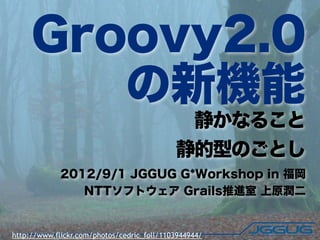 Groovy2.0
        の新機能
                                             静かなること
                                            静的型のごとし
             2012/9/1 JGGUG G*Workshop in 福岡
                NTTソフトウェア Grails推進室 上原潤二


http://www.flickr.com/photos/cedric_foll/1103944944/
 
