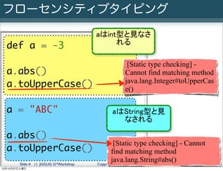 フローセンシティブタイピング
                                      aはint型と見なさ
                                           れる
  def a = -3
                                                   [Static type checking] -
  a.abs()                                         Cannot find matching method
                                                  java.lang.Integer#toUpperCas
  a.toUpperCase()                                 e()

  a = "ABC"                                 aはString型と見
                                              なされる

  a.abs()
                                               [Static type checking] - Cannot
  a.toUpperCase()                             find matching method
        Slide # 12 JGGUG G*Workshop
                                              java.lang.String#abs() rights reserved.
                                      Copyright(C) 2012 NTT Software Corporation All
12年10月27日土曜日
 