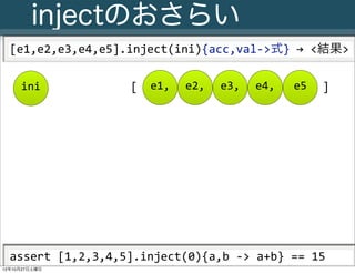 injectのおさらい
  [e1,e2,e3,e4,e5].inject(ini){acc,val-­‐>式}	
  →	
  <結果>

     ini                             [     e1,       e2,       e3,       e4,        e5       ]




  assert	
  [1,2,3,4,5].inject(0){a,b	
  -­‐>	
  a+b}	
  ==	
  15
     25
      Slide # JGGUG G*Workshop Copyright(C) 2012 NTT Software Corporation All rights reserved.
12年10月27日土曜日
 