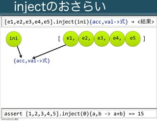 injectのおさらい
  [e1,e2,e3,e4,e5].inject(ini){acc,val-­‐>式}	
  →	
  <結果>

     ini                             [     e1,       e2,       e3,       e4,        e5       ]



        {acc,val-­‐>式}




  assert	
  [1,2,3,4,5].inject(0){a,b	
  -­‐>	
  a+b}	
  ==	
  15
     25
      Slide # JGGUG G*Workshop Copyright(C) 2012 NTT Software Corporation All rights reserved.
12年10月27日土曜日
 