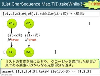 (List,CharSequence,Map,T[]).takeWhile{}                                                    2.0新機

  [e1,e2,e3,e4,e5].takeWhile{it-­‐>式}	
  →	
  <結果>

   [ e1,                  e2,                                                               ]


       {it-­‐>式} {it-­‐>式}
       がtrue     がtrue


  [ e1,                   e2,                           ]

    リストの要素を順にたどり、クロージャを適用した結果が
    真である要素のみからなる先頭部分を返す。
 assert	
  [1,2,3,4,3].takeWhile{it<=3}	
  ==	
  [1,2,3]
     Slide # 28 JGGUG G*Workshop Copyright(C) 2012 NTT Software Corporation All rights reserved.
12年10月27日土曜日
 