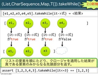 (List,CharSequence,Map,T[]).takeWhile{}                                                    2.0新機

  [e1,e2,e3,e4,e5].takeWhile{it-­‐>式}	
  →	
  <結果>

   [ e1,                  e2,                e3,               e4,                          ]


       {it-­‐>式} {it-­‐>式} {it-­‐>式} {it-­‐>式}
       がtrue     がtrue     がtrue     がfalse


  [ e1,                   e2,                 e3        ]

    リストの要素を順にたどり、クロージャを適用した結果が
    真である要素のみからなる先頭部分を返す。
 assert	
  [1,2,3,4,3].takeWhile{it<=3}	
  ==	
  [1,2,3]
     Slide # 28 JGGUG G*Workshop Copyright(C) 2012 NTT Software Corporation All rights reserved.
12年10月27日土曜日
 