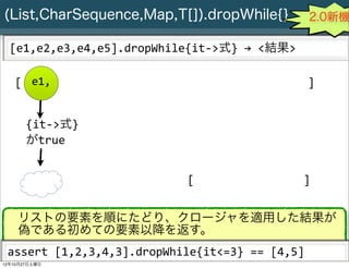 (List,CharSequence,Map,T[]).dropWhile{}                                                      2.0新機

  [e1,e2,e3,e4,e5].dropWhile{it-­‐>式}	
  →	
  <結果>

   [ e1,                                                                                    ]


       {it-­‐>式}
       がtrue


                                                       [                                   ]


    リストの要素を順にたどり、クロージャを適用した結果が
    偽である初めての要素以降を返す。
 assert	
  [1,2,3,4,3].dropWhile{it<=3}	
  ==	
  [4,5]
     Slide # 29 JGGUG G*Workshop Copyright(C) 2012 NTT Software Corporation All rights reserved.
12年10月27日土曜日
 