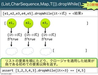 (List,CharSequence,Map,T[]).dropWhile{}                                                      2.0新機

  [e1,e2,e3,e4,e5].dropWhile{it-­‐>式}	
  →	
  <結果>

   [ e1,                  e2,                e3,                                            ]


       {it-­‐>式} {it-­‐>式} {it-­‐>式}
       がtrue     がtrue     がtrue


                                                       [                                   ]


    リストの要素を順にたどり、クロージャを適用した結果が
    偽である初めての要素以降を返す。
 assert	
  [1,2,3,4,3].dropWhile{it<=3}	
  ==	
  [4,5]
     Slide # 29 JGGUG G*Workshop Copyright(C) 2012 NTT Software Corporation All rights reserved.
12年10月27日土曜日
 
