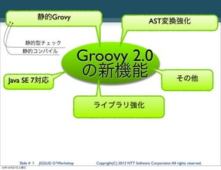 静的Grovy
                                                                        AST変換強化

           静的型チェック
          静的コンパイル
                                       Groovy 2.0
   Java SE 7対応
                                       の新機能                                             その他


                                         ライブラリ強化




        Slide # 5   JGGUG G*Workshop     Copyright(C) 2012 NTT Software Corporation All rights reserved.
12年10月27日土曜日
 
