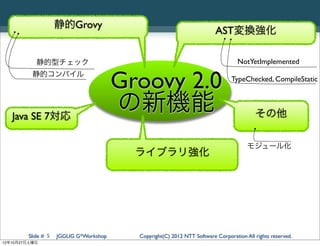 静的Grovy
                                                                        AST変換強化

           静的型チェック                                                               NotYetImplemented
          静的コンパイル
                                       Groovy 2.0                             TypeChecked, CompileStatic




   Java SE 7対応
                                       の新機能                                             その他

                                                                                     モジュール化
                                         ライブラリ強化




        Slide # 5   JGGUG G*Workshop     Copyright(C) 2012 NTT Software Corporation All rights reserved.
12年10月27日土曜日
 