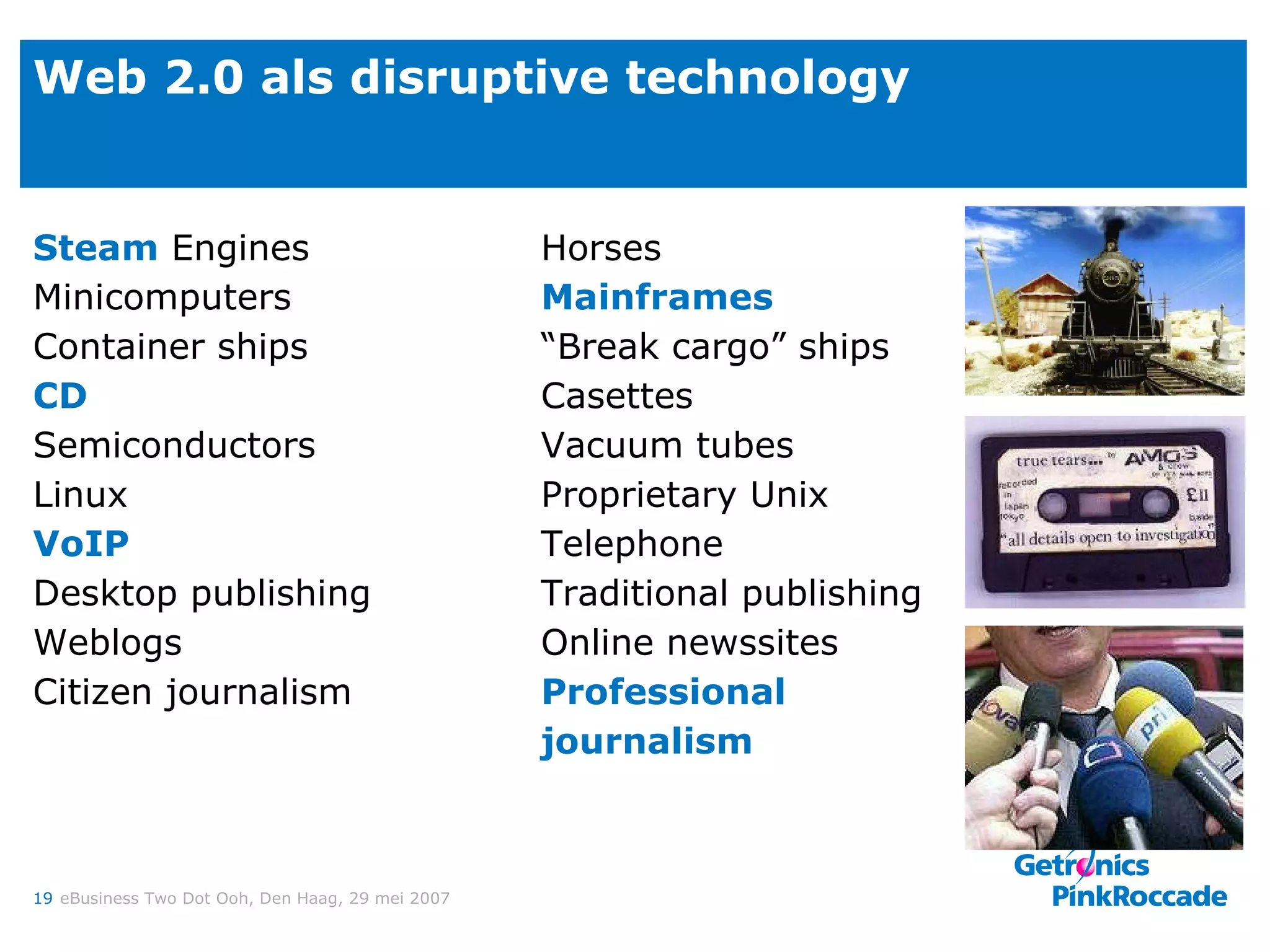 Web 2.0 als disruptive technology  Steam  Engines Horses Minicomputers Mainframes Container ships “Break cargo” ships CD Casettes Semiconductors  Vacuum tubes Linux Proprietary Unix VoIP Telephone Desktop publishing Traditional publishing Weblogs Online newssites Citizen journalism Professional journalism 