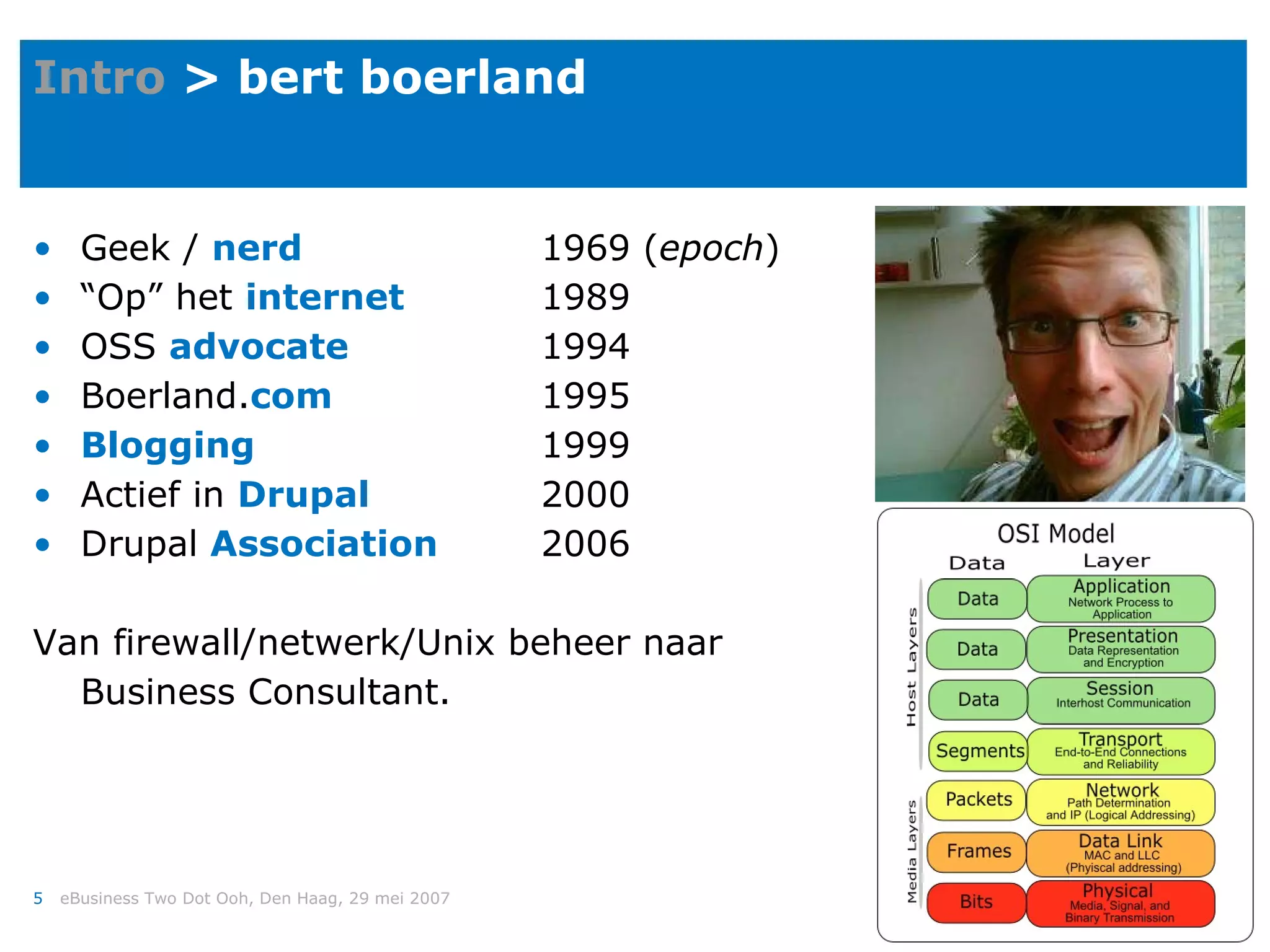 Intro  > bert boerland Geek /  nerd   1969 ( epoch ) “ Op” het  internet   1989 OSS  advocate   1994 Boerland. com  1995 Blogging  1999 Actief in  Drupal  2000 Drupal  Association 2006 Van firewall/netwerk/Unix beheer naar Business Consultant. 
