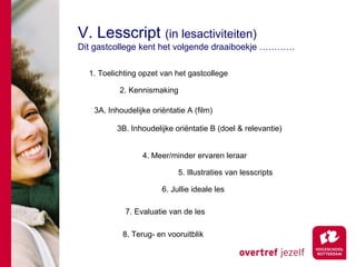 V. Lesscript (in lesactiviteiten)
Dit gastcollege kent het volgende draaiboekje …………

  1. Toelichting opzet van het gastcollege

          2. Kennismaking

   3A. Inhoudelijke oriëntatie A (film)

          3B. Inhoudelijke oriëntatie B (doel & relevantie)


                 4. Meer/minder ervaren leraar

                            5. Illustraties van lesscripts

                       6. Jullie ideale les

            7. Evaluatie van de les

           8. Terug- en vooruitblik
 