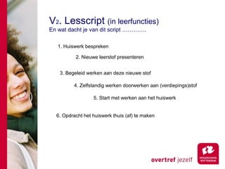 V2. Lesscript (in leerfuncties)
En wat dacht je van dit script ………….

   1. Huiswerk bespreken

          2. Nieuwe leerstof presenteren


   3. Begeleid werken aan deze nieuwe stof

         4. Zelfstandig werken doorwerken aan (verdiepings)stof

                  5. Start met werken aan het huiswerk


  6. Opdracht het huiswerk thuis (af) te maken
 