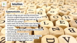..Intuition..
..Communicatie..
..•..Bij een uitleg van een sensing iemand kan..
......intuition ongeduldig worden omdat hij het al..
......lang begrijpt en sensing nog maar op de..
......helft van zijn uitleg is..
..•..Leest vaak niet de hele tekst maar het begin..
......en het eind, en in het midden een beetje..
......scannen..
..•..Is minder gevoelig voor zintuiglijke informatie..
......dan sensing..
..•..Lezen tussen de regels door..
..•..Onthouden de relatie tussen feiten en details..
......en de implicaties die daaruit voortkomen..
......beter dan de feiten en details zelf..
 