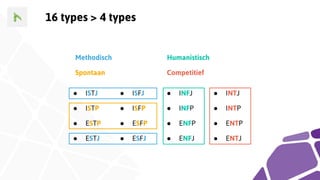 16 types > 4 types
Methodisch Humanistisch
Spontaan Competitief
● ISTJ ● ISFJ ● INFJ ● INTJ
● ISTP ● ISFP ● INFP ● INTP
● ESTP ● ESFP ● ENFP ● ENTP
● ESTJ ● ESFJ ● ENFJ ● ENTJ
 