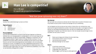 Han Lee is competitief
Hij is 48 jaar
En werkt als projectontwikkelaar
“Wat kan jouw oplossing voor mij doen?”
Houding
Voorkeur voor snelle beslissingen op basis van feiten.
Eigenschappen
● Zakelijk
● Gedisciplineerd
● Kracht-gericht
Persoonlijkheid
Han Lee zoekt bekwaamheid in zichzelf. Hij wil het leven begrijpen en beheersen.
Gedreven door zijn nieuwsgierigheid en leergierigheid is Han Lee vaak bezig met zijn
eigen ontwikkeling. Hij is gek op nieuwe dingen, uitdaging en complexiteit. Han Lee
heeft graag de touwtjes in eigen handen en is bang controle te verliezen. Om zijn
problemen op te lossen zoekt hij vaak naar methodes die hem hierbij kunnen helpen.
Hij komt ook snel tot een beslissing zodra zijn visie duidelijk is. Han Lee heeft grote
motivatie en is succes- en doelgericht. Hij is een imagobewuste harde werker en zeer
overtuigend in zijn wijze. Daarnaast kan hij goed plannen en ideeën bevorderen. Door
inefficiëntie raakt hij geïrriteerd. Om succes in de toekomst te ontwikkelen, is hij in staat
om zijn behoeftes ondergeschikt te maken.
Op internet
Han Lee zoekt naar producten en diensten die hem helpen beter te worden of de beste te zijn.
Hij wil weten hoe een product of dienst kan bijdragen aan zijn ontwikkeling.
Han Lee begrijpt snel het principe van een product of dienst door zijn intuïtieve kant, maar
keuzes wil hij nog wel beredeneren op feiten. Informatie die hem pakt, is overtuigend, eerlijk en
beknopt. Hij ziet graag de belangrijkste feiten met tekst en/of afbeeldingen, want hij is te
ongeduldig om te graven naar informatie. Daarom is Han Lee ook gek op opsommingen met de
voordelen van een product of dienst.
Do’s
● Maak opsommingspunten klikbaar bij extra toelichting
● Vat de essentie samen in een zin of quote
● Laat de beste keuze opvallen
● Bied beoordelingen van een expert
Dont’s
● Te veel tekst moeten lezen
● Video’s verkiezen boven afbeeldingen
● Langdradige video’s gebruiken
● Nadruk leggen op de mening van andere gebruikers
 