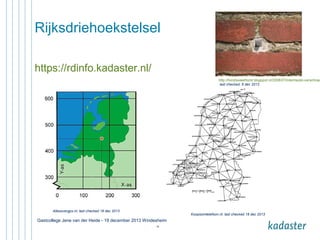 Rijksdriehoekstelsel
https://rdinfo.kadaster.nl/

http://horstsweethorst.blogspot.nl/2008/07/intermezzo-verschnau
last checked; 8 dec 2013

Allesovergps.nl; last checked 18 dec 2013

Koopsomtelefoon.nl; last checked 18 dec 2013

Gastcollege Jene van der Heide - 19 december 2013 Windesheim
19

 