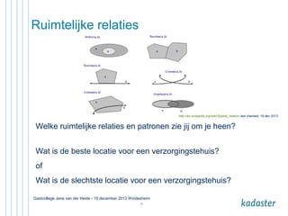 Ruimtelijke relaties

http://en.wikipedia.org/wiki/Spatial_relation last checked; 18 dec 2013

Welke ruimtelijke relaties en patronen zie jij om je heen?
Wat is de beste locatie voor een verzorgingstehuis?
of
Wat is de slechtste locatie voor een verzorgingstehuis?
Gastcollege Jene van der Heide - 19 december 2013 Windesheim
21

 