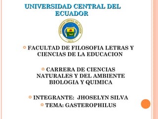 UNIVERSIDAD CENTRAL DELUNIVERSIDAD CENTRAL DEL
ECUADORECUADOR
 FACULTAD DE FILOSOFIA LETRAS Y
CIENCIAS DE LA EDUCACION
 CARRERA DE CIENCIAS
NATURALES Y DEL AMBIENTE
BIOLOGIA Y QUIMICA
 INTEGRANTE: JHOSELYN SILVA
 TEMA: GASTEROPHILUS
 