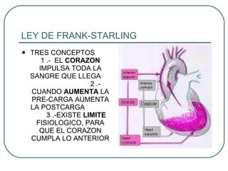 LEY DE FRANK-STARLING TRES CONCEPTOS  1 .-  EL  CORAZON  IMPULSA TODA LA SANGRE QUE LLEGA  2 .- CUANDO  AUMENTA  LA PRE-CARGA AUMENTA LA POSTCARGA  3 .-EXISTE  LIMITE  FISIOLOGICO, PARA QUE EL CORAZON CUMPLA LO ANTERIOR 