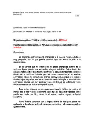 Muy activo: (Segar, cavar, peones, leñadores, soldados en maniobras, mineros, metalúrgicos, atletas,
bailarines, etc.)
0.096
(1) Elaborados a partir de datos de F Grande Covián
(2) Calculados para el hombre. En el caso de la mujer hay que reducir un 10%
Mi gasto energético: 2256Kcal -10%(por ser mujer) = 2031Kcal
Ingesta recomendada: 2300Kcal -10% (ya que realizo una actividad ligera)=
2070Kcal
Comentario:
La diferencia entre mi gasto energético y la ingesta recomendada es
muy pequeña, por lo que podría concluir que me ajusto mucho a lo
recomendado.
Si es verdad que he clasificado mi gasto energético dentro de la
actividad ligera puesto que no realizo ninguna actividad física diaria. Me
gustaría haber podido clasificarme dentro de la actividad moderada o incluso
dentro de la actividad intensa pero en estos momentos al no realizar
actividades físicas mi consumo de energía es muy bajo. Aunque si el cuidado
de dos hijos pequeños me hace consumir mucha energía el retso de mis
actividades diarias son muy pasivas ya que mi trabajo es sedentario y mis
desplazamientos los realizo siempre en coche.
Para poder situarme en un consumo moderado debiera de realizar al
menos dos o tres veces a la semana algún tipo de actividad vigorosa como
puede ser, andar en bici, nadar, ir al monte, realizar alguna actividad
deportiva.
Ahora faltaría comparar con la ingesta diaria de Kcal para poder ver
realmente si la relación entre el consumo energético y el consumo real se
ajusta al ideal.
 