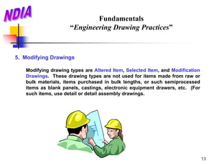 Fundamentals
                     “Engineering Drawing Practices”



5. Modifying Drawings

   Modifying drawing types are Altered Item, Selected Item, and Modification
   Drawings. These drawing types are not used for items made from raw or
   bulk materials, items purchased in bulk lengths, or such semiprocessed
   items as blank panels, castings, electronic equipment drawers, etc. (For
   such items, use detail or detail assembly drawings.




                                                                               13
 