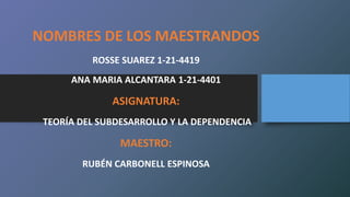 NOMBRES DE LOS MAESTRANDOS
ROSSE SUAREZ 1-21-4419
ANA MARIA ALCANTARA 1-21-4401
ASIGNATURA:
TEORÍA DEL SUBDESARROLLO Y LA DEPENDENCIA
MAESTRO:
RUBÉN CARBONELL ESPINOSA
 