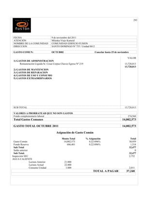 293




 FECHA                             9 de noviembre del 2011
 ATENCIÓN                          Milenka Viejo Kameid
 NOMBRE DE LA COMUNIDAD            COMUNIDAD EDIFICIO FUSION
 DIRECCION                         SANTO DOMINGO Nª 755 / Unidad 0612

 GASTO COMUN:                      OCTUBRE                                Cancelar hasta 25 de noviembre

                                                                                                      VALOR
 1) GASTOS DE ADMINISTRACION
      Remuneración Líquida Sr. Cesar Corpus Chavez Egreso Nº 219                                    13,728,013
                                                                                                    13,728,013
 2) GASTOS DE MANTENCION
 3) GASTOS DE REPARACION
 4) GASTOS DE USO Y CONSUMO
 5) GASTOS EXTRAORDINARIOS




 SUB TOTAL                                                                                          13,728,013

 VALORES A PRORRATEAR QUE NO SON GASTOS
 Fondo complementario laboral                                                                          274,560
 Total Gastos Comunes                                                                             14,002,573

 GASTO TOTAL OCTUBRE 2011                                                                         14,002,573

                                       Asignación de Gasto Común
                                            Monto Total            % Asignación                             Total
 Gasto Común                                 14,002,573              0.221096%                             30,959
 Fondo Reserva                                  686,401              0.221096%                              1,518
 Sub Total                                                                                                 32,477
 Saldo anterior                                                                                                  0
 Sub Total.                                                                                                32,477
Inspección SEC                                                                                             2,752
AGUA CALIENTE
                Lectura Anterior               21.000
                Lectura Actual                 22.000
                Consumo Unidad                  1.000                                                      2,011
                                                                         TOTAL A PAGAR               37,240
 