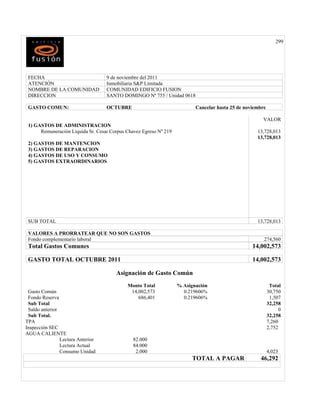 299




 FECHA                             9 de noviembre del 2011
 ATENCIÓN                          Inmobiliaria S&P Limitada
 NOMBRE DE LA COMUNIDAD            COMUNIDAD EDIFICIO FUSION
 DIRECCION                         SANTO DOMINGO Nª 755 / Unidad 0618

 GASTO COMUN:                      OCTUBRE                                Cancelar hasta 25 de noviembre

                                                                                                      VALOR
 1) GASTOS DE ADMINISTRACION
      Remuneración Líquida Sr. Cesar Corpus Chavez Egreso Nº 219                                    13,728,013
                                                                                                    13,728,013
 2) GASTOS DE MANTENCION
 3) GASTOS DE REPARACION
 4) GASTOS DE USO Y CONSUMO
 5) GASTOS EXTRAORDINARIOS




 SUB TOTAL                                                                                          13,728,013

 VALORES A PRORRATEAR QUE NO SON GASTOS
 Fondo complementario laboral                                                                          274,560
 Total Gastos Comunes                                                                             14,002,573

 GASTO TOTAL OCTUBRE 2011                                                                         14,002,573

                                       Asignación de Gasto Común
                                            Monto Total            % Asignación                             Total
 Gasto Común                                 14,002,573              0.219606%                             30,750
 Fondo Reserva                                  686,401              0.219606%                              1,507
 Sub Total                                                                                                 32,258
 Saldo anterior                                                                                                  0
 Sub Total.                                                                                                32,258
TPA                                                                                                        7,260
Inspección SEC                                                                                             2,752
AGUA CALIENTE
                Lectura Anterior               82.000
                Lectura Actual                 84.000
                Consumo Unidad                  2.000                                                      4,023
                                                                         TOTAL A PAGAR               46,292
 