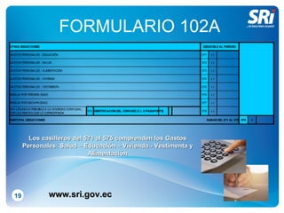 FORMULARIO 102A 19 www.sri.gov.ec Los casilleros del 571 al 575 comprenden los Gastos Personales: Salud – Educación – Vivienda - Vestimenta y Alimentación 
