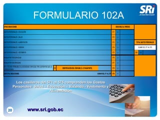 FORMULARIO 102A 20 www.sri.gob.ec Los casilleros del 571 al 575 comprenden los Gastos Personales: Salud – Educación – Vivienda - Vestimenta y Alimentación 