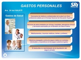 GASTOS PERSONALES 6 Art.  34 del RALRTI Gastos de Salud Honorarios de médicos y profesionales de la salud con título  profesional avalado por el Consejo Nacional de Educación Superio r Servicios de salud prestados por clínicas, hospitales, laboratorios clínicos y farmacias autorizadas por el Ministerio de Salud Pública Medicamentos, insumos médicos, lentes y prótesis ;  Medicina prepagada y prima de seguro médico en contratos  individuales y corporativos  (rol de pagos sustenta el gasto) El deducible no reembolsado de la liquidación del  seguro privado 