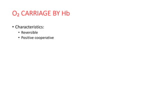 O₂ CARRIAGE BY Hb
• Characteristics:
• Reversible
• Positive cooperative
 