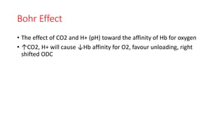 Bohr Effect
• The effect of CO2 and H+ (pH) toward the affinity of Hb for oxygen
• ↑CO2, H+ will cause ↓Hb affinity for O2, favour unloading, right
shifted ODC
 