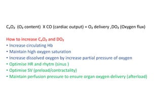 CₐO₂ (O₂ content) X CO (cardiac output) = O₂ delivery ,DO₂ (Oxygen flux)
How to increase CₐO₂ and DO₂
• Increase circulating Hb
• Maintain high oxygen saturation
• Increase dissolved oxygen by increase partial pressure of oxygen
• Optimise HR and rhytm (sinus )
• Optimise SV (preload/contractality)
• Maintain perfusion pressure to ensure organ oxygen delivery (afterload)
 