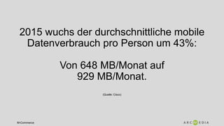 M-Commerce
2015 wuchs der durchschnittliche mobile
Datenverbrauch pro Person um 43%:
Von 648 MB/Monat auf
929 MB/Monat.
(Quelle: Cisco)
 