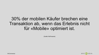 M-Commerce
30% der mobilen Käufer brechen eine
Transaktion ab, wenn das Erlebnis nicht
für «Mobile» optimiert ist.
(Quelle: MoPowered)
 