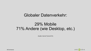 M-Commerce
Globaler Datenverkehr:
29% Mobile
71% Andere (wie Desktop, etc.)
(Quelle: Internet Trends 2015)
 