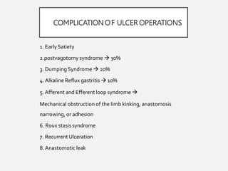 COMPLICATIONOF ULCER OPERATIONS
1. Early Satiety
2.postvagotomy syndrome  30%
3. DumpingSyndrome  20%
4.Alkaline Reflux gastritis  10%
5.Afferent and Efferent loop syndrome 
Mechanical obstruction of the limb kinking, anastomosis
narrowing, or adhesion
6. Roux stasis syndrome
7. RecurrentUlceration
8.Anastomotic leak
 