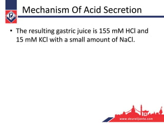 Mechanism Of Acid Secretion
• The resulting gastric juice is 155 mM HCl and
15 mM KCl with a small amount of NaCl.
 