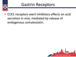 Gastrin Receptors
• CCK1 receptors exert inhibitory effects on acid
secretion in vivo, mediated by release of
endogenous somatostatin.
 