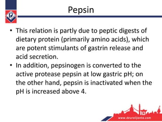 Pepsin
• This relation is partly due to peptic digests of
dietary protein (primarily amino acids), which
are potent stimulants of gastrin release and
acid secretion.
• In addition, pepsinogen is converted to the
active protease pepsin at low gastric pH; on
the other hand, pepsin is inactivated when the
pH is increased above 4.
 